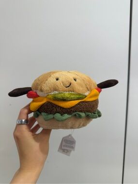 Jellycat Plush Burger Toy in Tan, Brown, Green, Yellow, Red